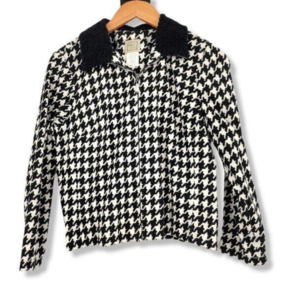 Vintage 90s Y2K Pine Cove Women's Fuzzy‎ Collar Houndstooth Zip Up Jacket Size 6